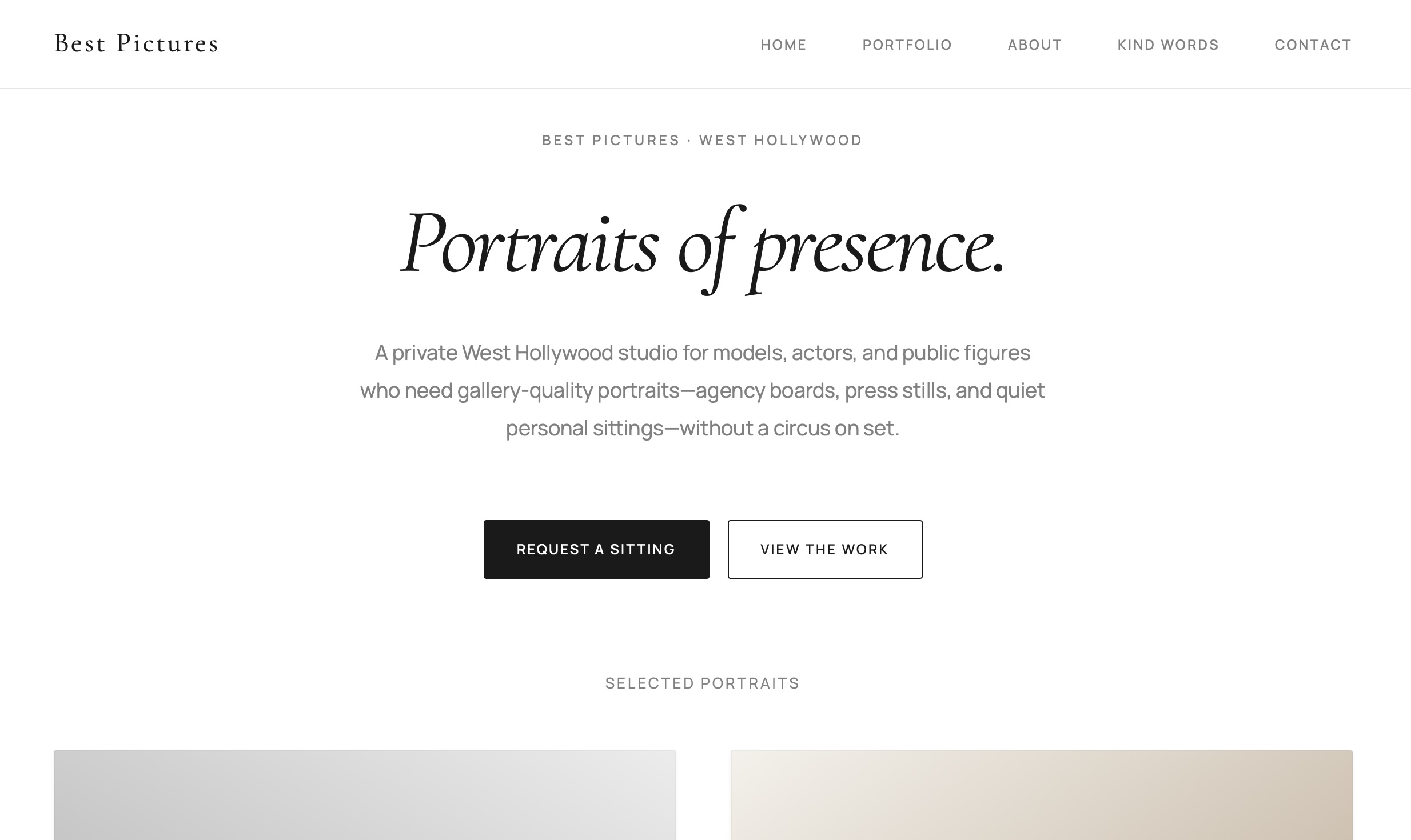 A portrait photography website built by Jaybird Digital, with the headline 'Portraits of presence' and a request-a-sitting button.
